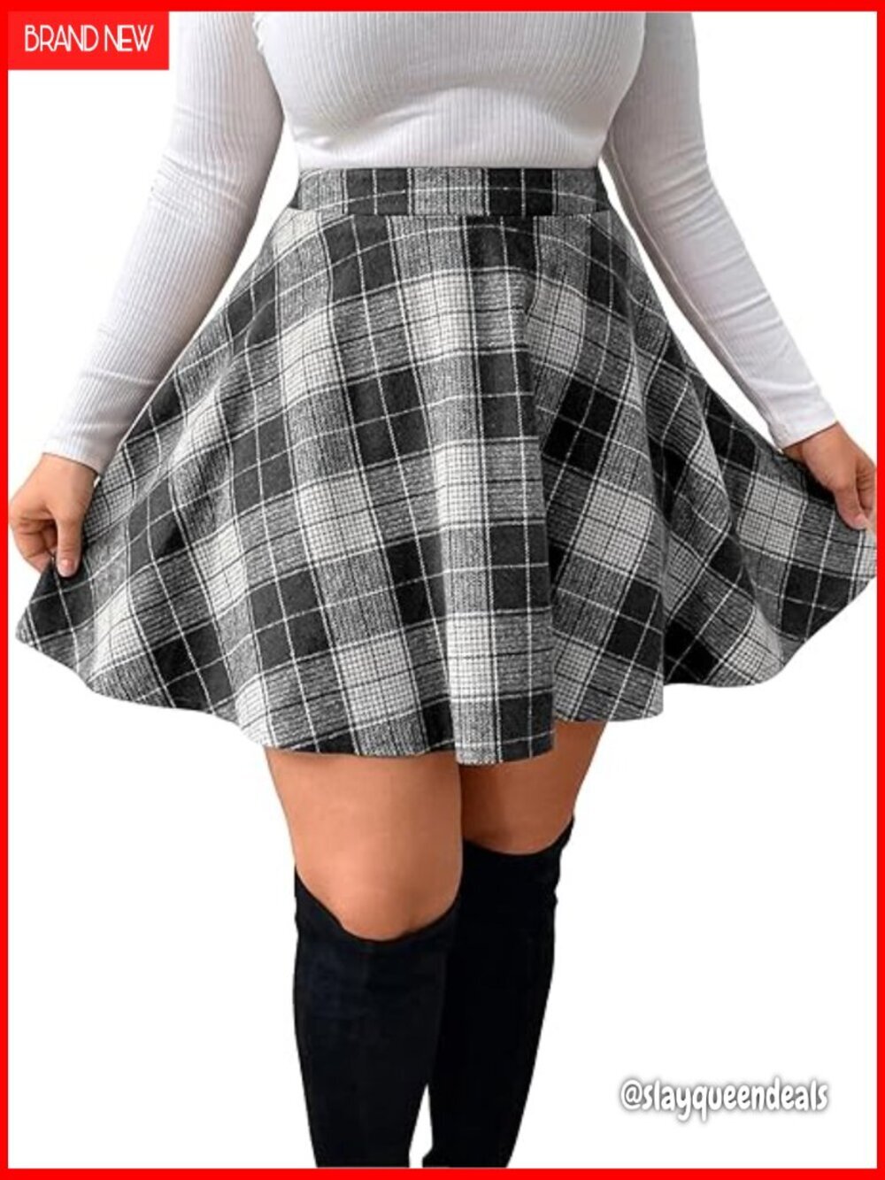 Plus Size Plaid Mini Skirt High Waisted A-Line Flare Pleated Skirt